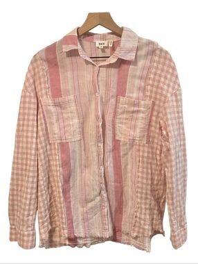 BKE Pink Melon Frayed Checkered Striped Button Down Boyfriend Shirt Medium